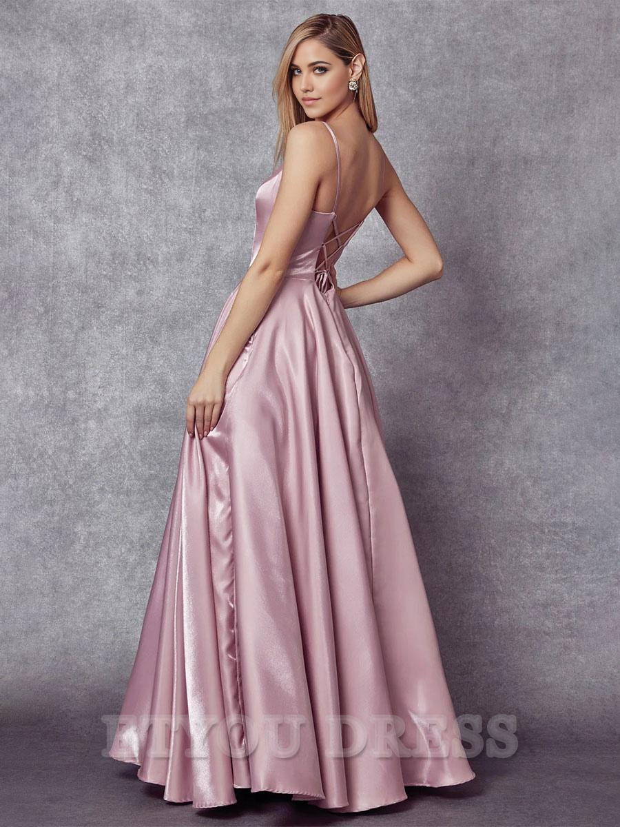 A-Line V-Neck Sleeveless Pockets Satin formal dresses Bridesmaid Dresses evening gown Prom Dress